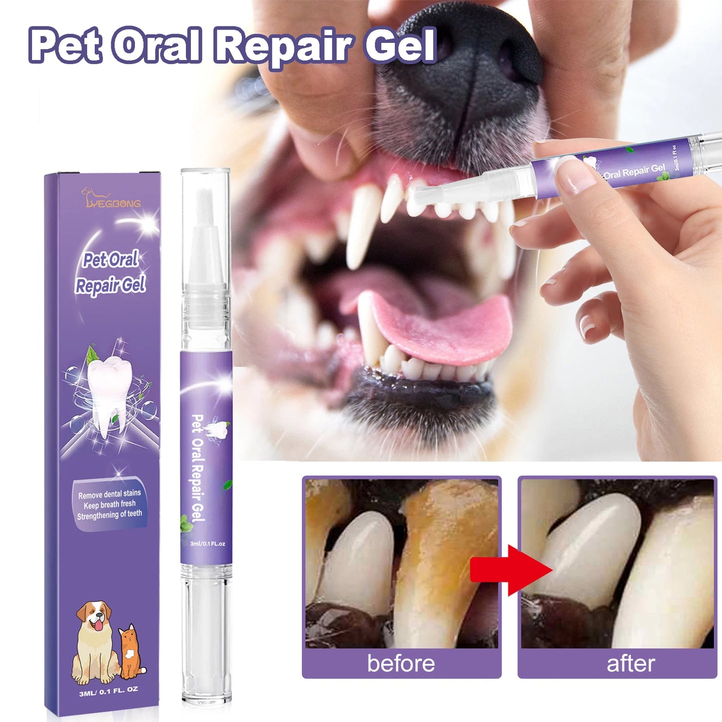 Pet Dental Care Gel 3ml Teeth Cleaning Pen for Dogs and Cats Fresh Breath Tartar Control Soothes Gums Easy Baking Soda Formula