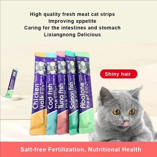 10pcs Strips Pet Snacks Cat Strips Young Cat Wet Food Cat Liquid Snacks Nutrition Protein Cod Tuna Salmon Abalone Beef 16g/Strip