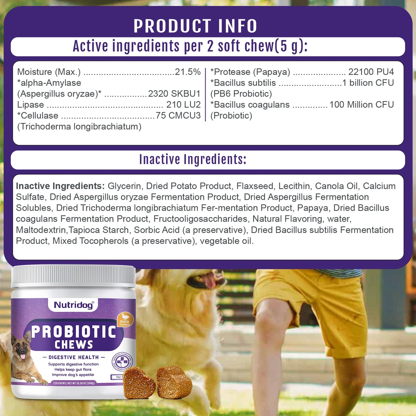 Probiotic Chew for Dogs with Duck Flavor, Supports Gut Health, Digestive Health, Occasional Diarrhea & Seasonal Allergies 30ct