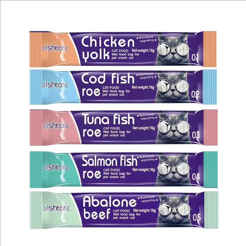 10pcs Strips Pet Snacks Cat Strips Young Cat Wet Food Cat Liquid Snacks Nutrition Protein Cod Tuna Salmon Abalone Beef 16g/Strip