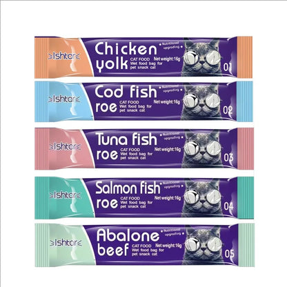 10pcs Strips Pet Snacks Cat Strips Young Cat Wet Food Cat Liquid Snacks Nutrition Protein Cod Tuna Salmon Abalone Beef 16g/Strip