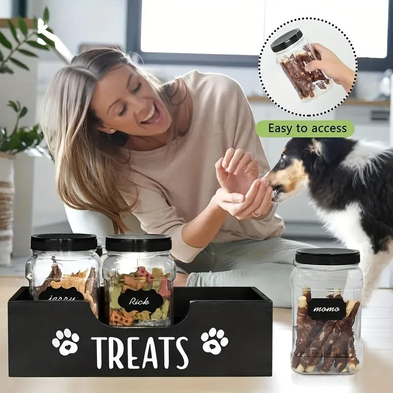 Natural Wooden Pet Snack Box with 3 Sealed Plastic Containers - Airproof Cat & Dog Food Storage Organizer