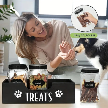 Natural Wooden Pet Snack Box with 3 Sealed Plastic Containers - Airproof Cat & Dog Food Storage Organizer