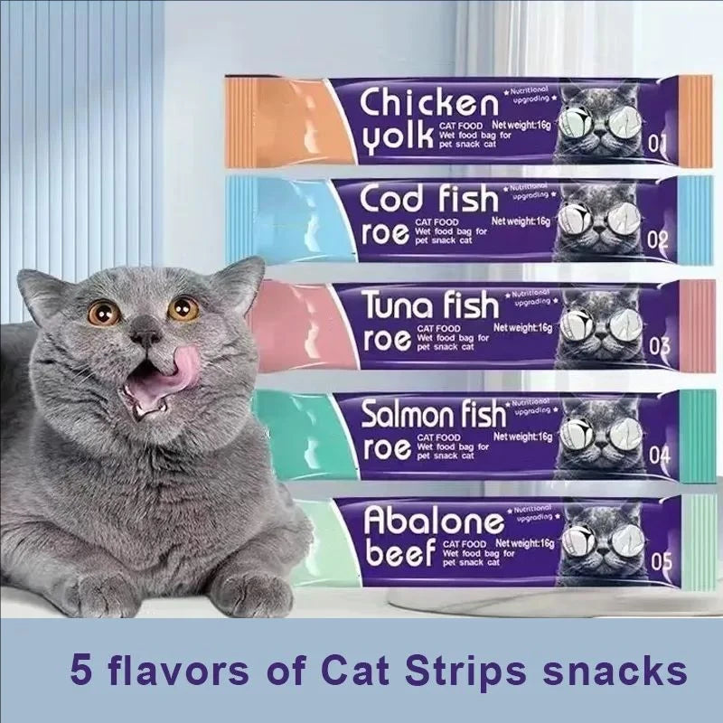 10pcs Strips Pet Snacks Cat Strips Young Cat Wet Food Cat Liquid Snacks Nutrition Protein Cod Tuna Salmon Abalone Beef 16g/Strip