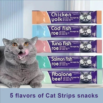10pcs Strips Pet Snacks Cat Strips Young Cat Wet Food Cat Liquid Snacks Nutrition Protein Cod Tuna Salmon Abalone Beef 16g/Strip