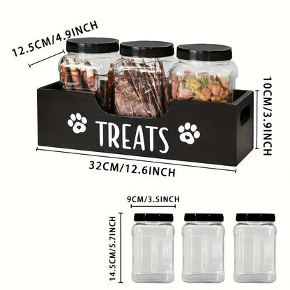 Natural Wooden Pet Snack Box with 3 Sealed Plastic Containers - Airproof Cat & Dog Food Storage Organizer