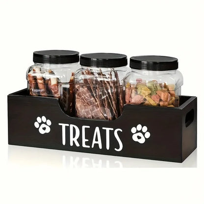 Natural Wooden Pet Snack Box with 3 Sealed Plastic Containers - Airproof Cat & Dog Food Storage Organizer