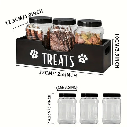 Natural Wooden Pet Snack Box with 3 Sealed Plastic Containers - Airproof Cat & Dog Food Storage Organizer