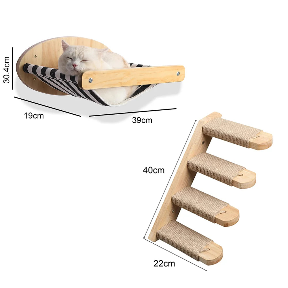 Wall-mounted Cat Hammock Bed Pet Furniture Kitten Wall Shelf Set Cat Perch Wooden Scratching Climbing Post Cat Tree House Toy