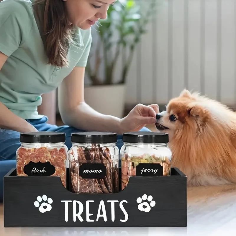 Natural Wooden Pet Snack Box with 3 Sealed Plastic Containers - Airproof Cat & Dog Food Storage Organizer