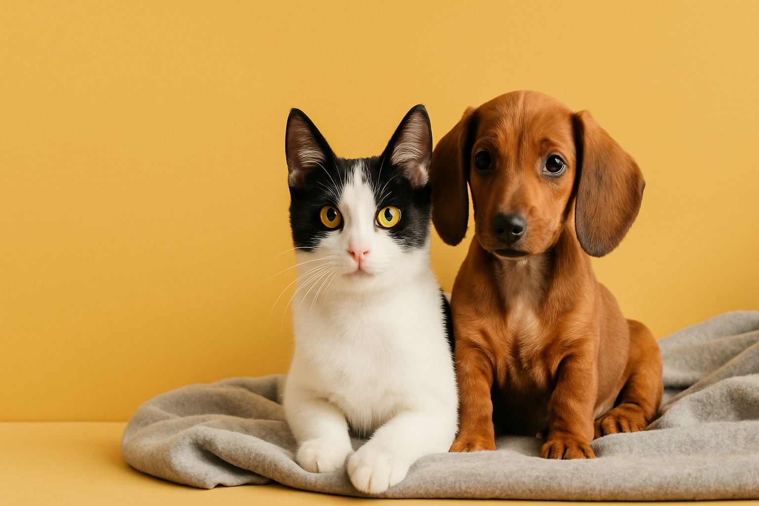 “High-resolution banner image of a cute black-and-white cat and a brown dachshund puppy sitting together on a soft gray fleece blanket, placed on the right side of the frame. Warm mustard-yellow solid background with clean minimal style, perfect for a pet supply website hero section. Bright natural lighting, soft shadows, professional e-commerce look, wide horizontal layout.”
