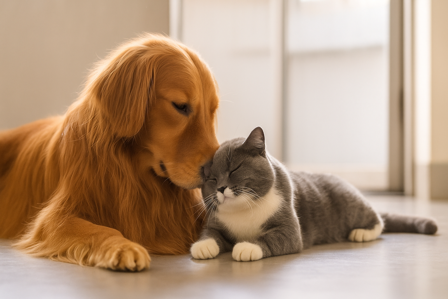 “Wide, high-resolution banner image of a golden retriever gently nuzzling a gray-and-white cat as they relax together on a smooth indoor floor. Soft natural daylight streams through a nearby window, creating a warm, cozy home atmosphere. Minimal, neutral background with subtle depth of field, professional e-commerce style, aspect ratio 16:9 (recommended 1920×1080) for a full-width desktop hero section.”